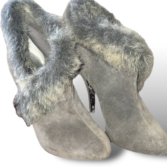 Mariah Carey Suede Leather w/Faux Fur Stiletto Boots Gray Genuine Leather Size 8 - Picture 11 of 11